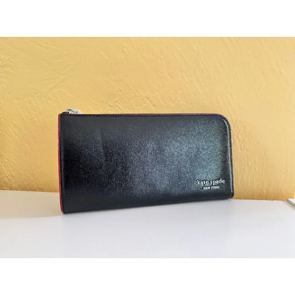 KATE SPADE NY Devin glitter edge leather women's zip around large wallet - Black